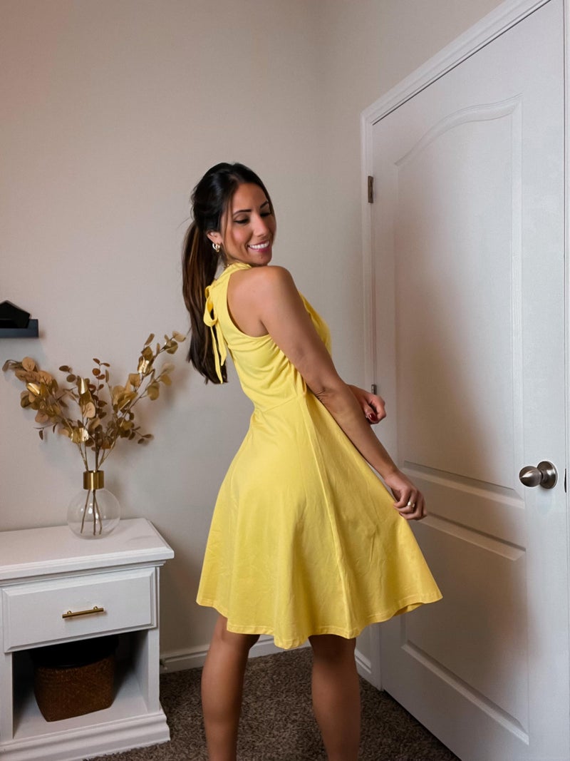 OUGES Women's 2026 Summer Fashion Yellow Halter Neck Sleeveless Tie Back Swing A-Line Sundress Beach Vacation Mini Dress(Yellow,S) - Image 3